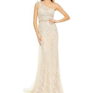Mac Duggal Ivory Nude Embroidered Lace One Shoulder Train Gown